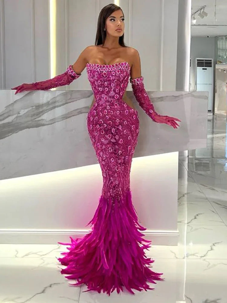 New Hot Pink Feathers Evening Dresses