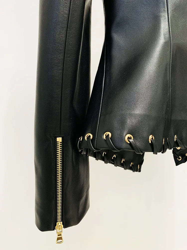 Designer Rope Lacing Up Slim Fitting Leather Blazer