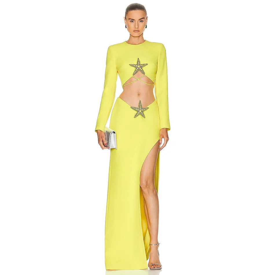 Sexy Heavy Industry Beaded Long-sleeved Slit Dress Two-piece Suit