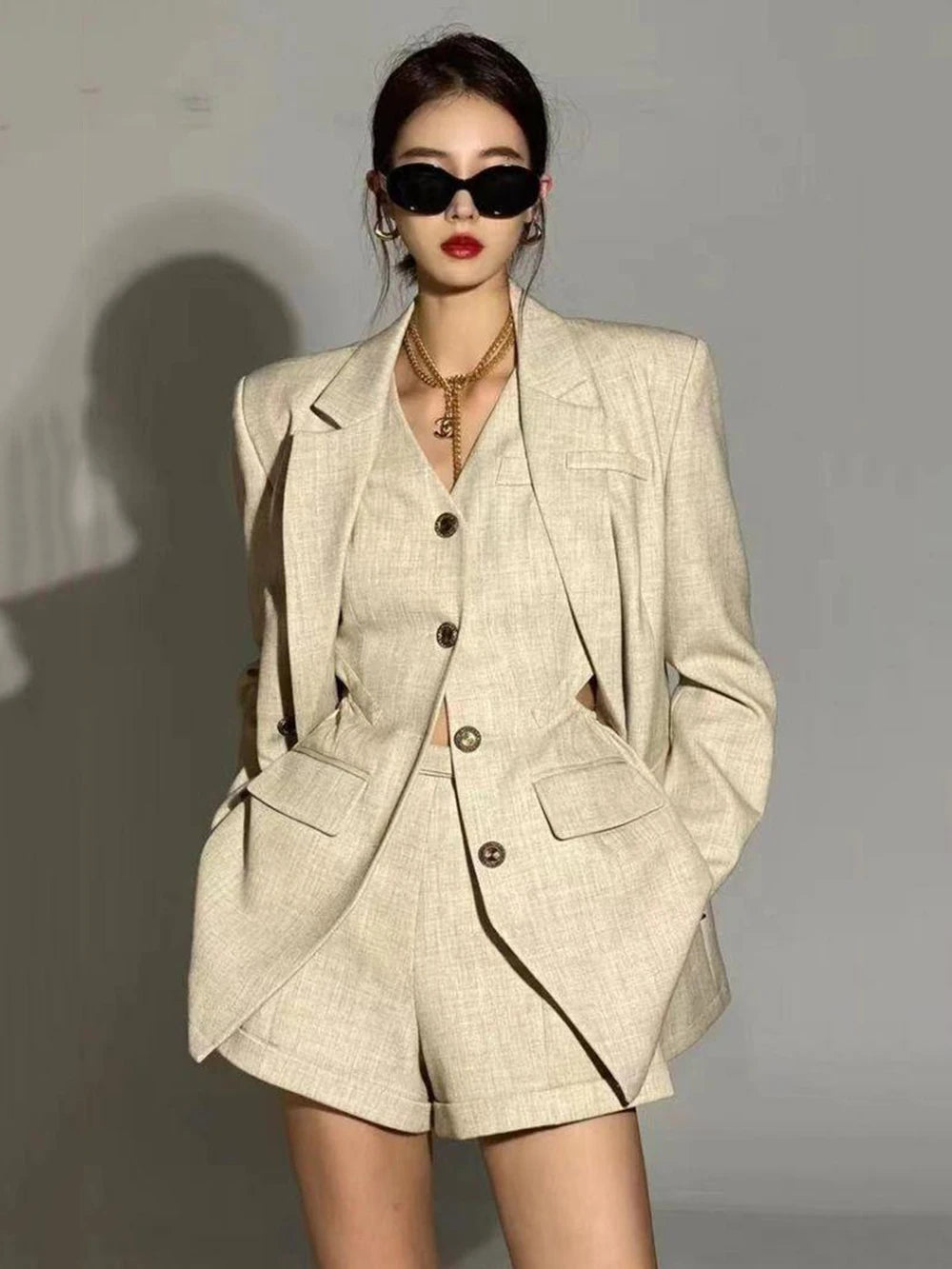 Three Piece Set Hollow Out Slim Vest+Single Breasted