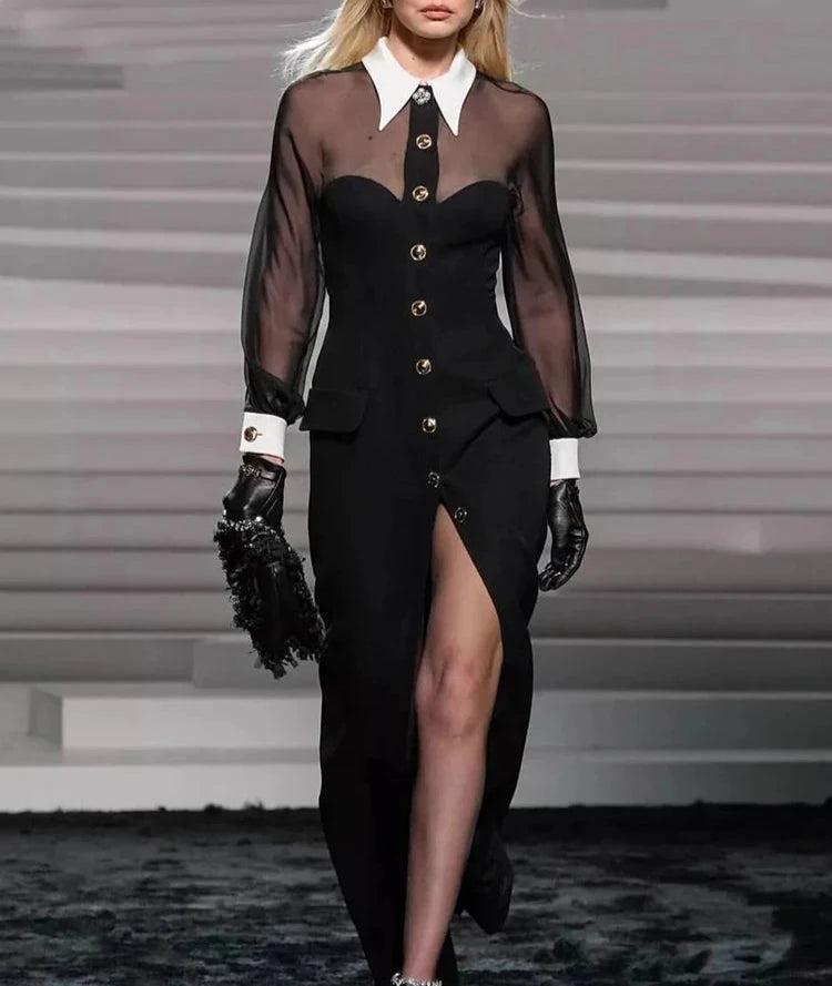 Sexy Lapel Mesh Patchwork Long Sleeve High Slit Slim