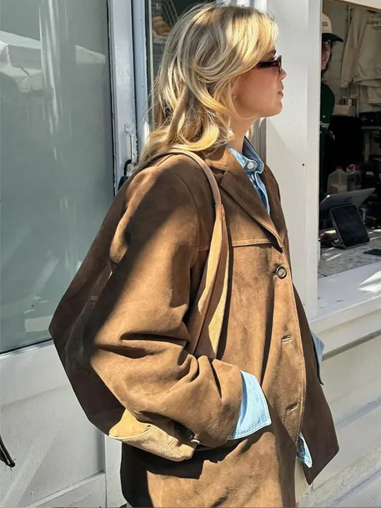 Brown Lapel Pocket Suede Leather