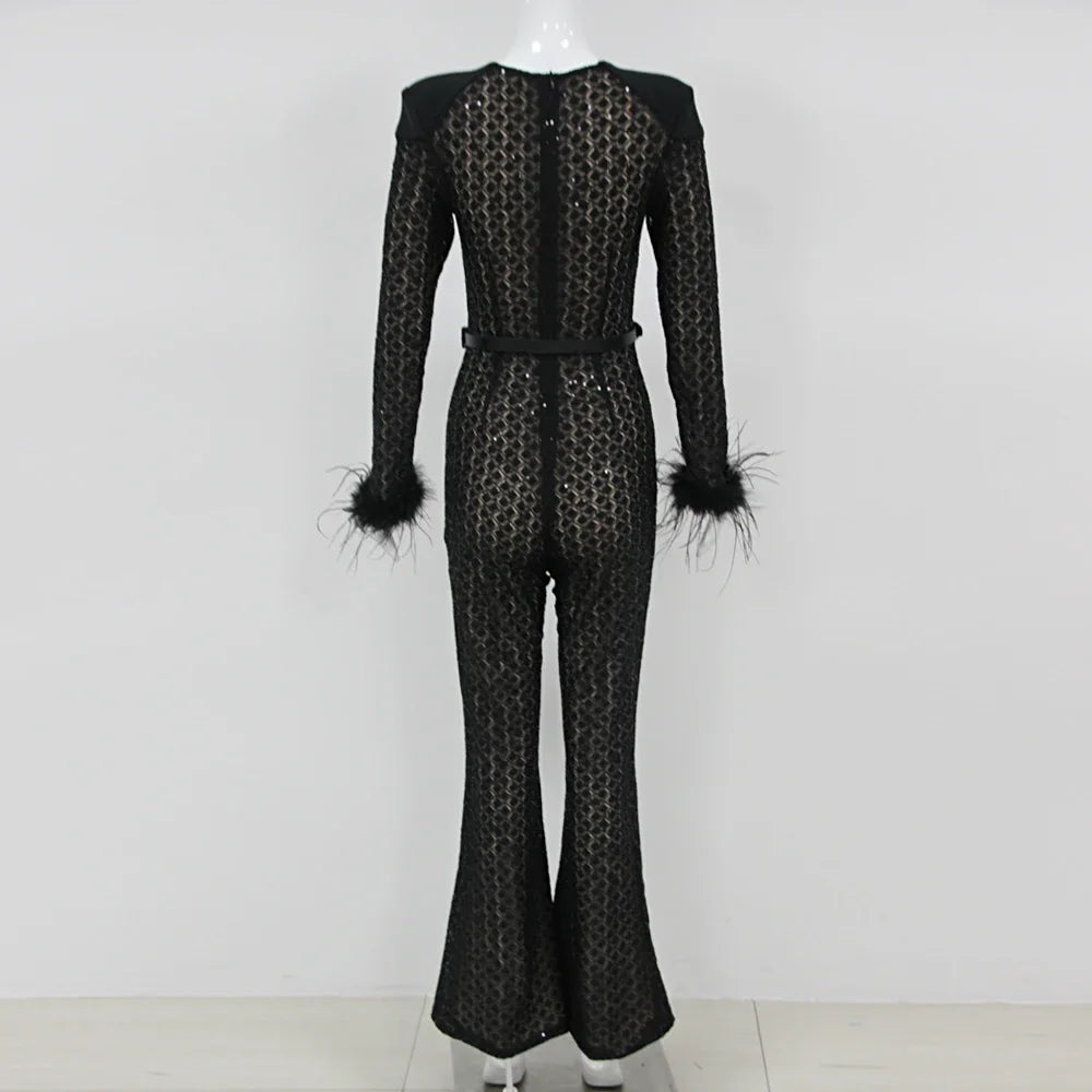 High Quality Black Sequin Sexy V-neck Feather Tight jumpsuit
