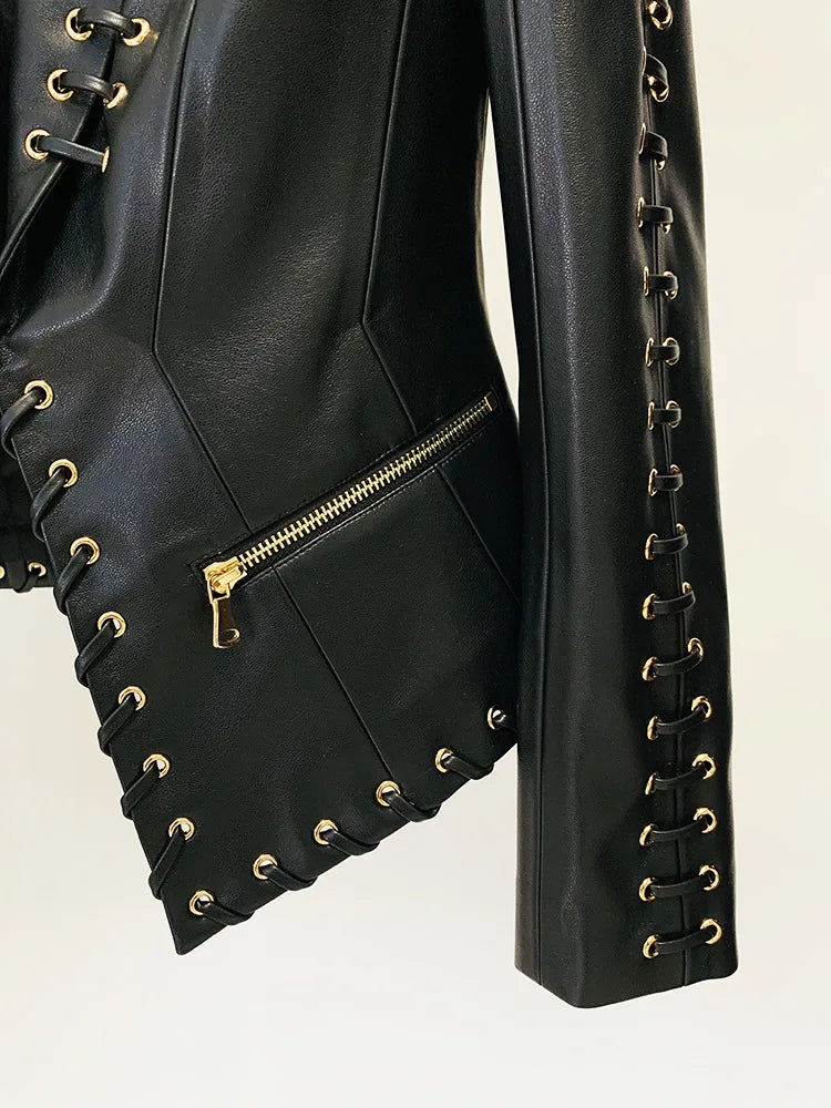 Designer Rope Lacing Up Slim Fitting Leather Blazer