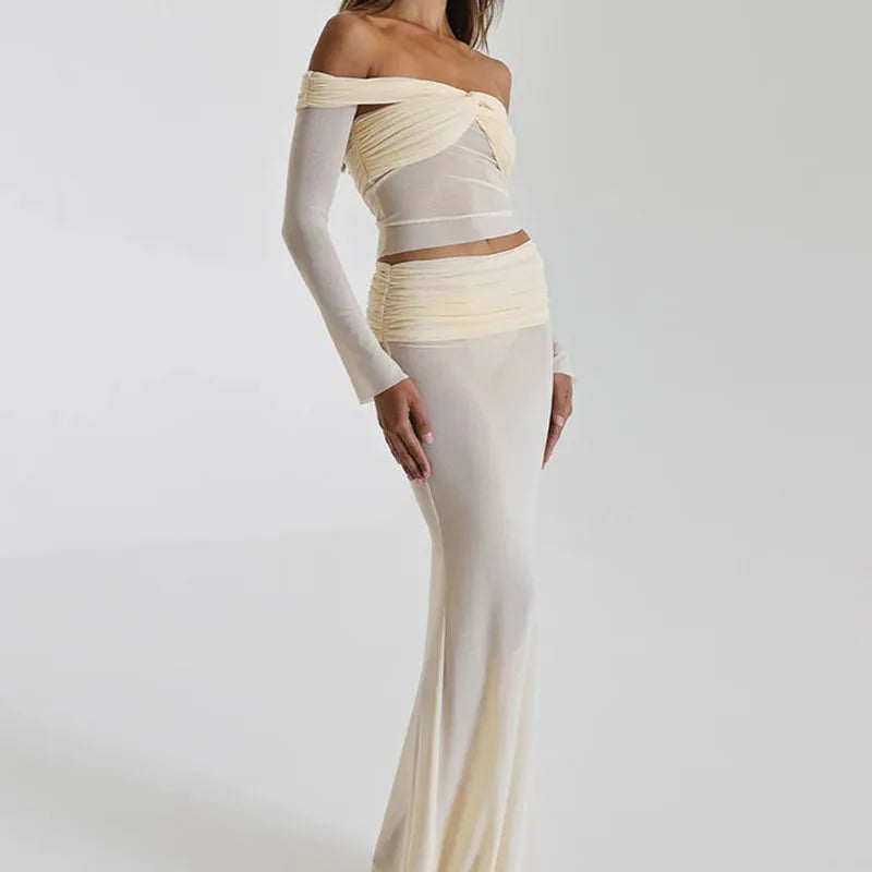Mesh Spliced Twist Strapless Skirts Set