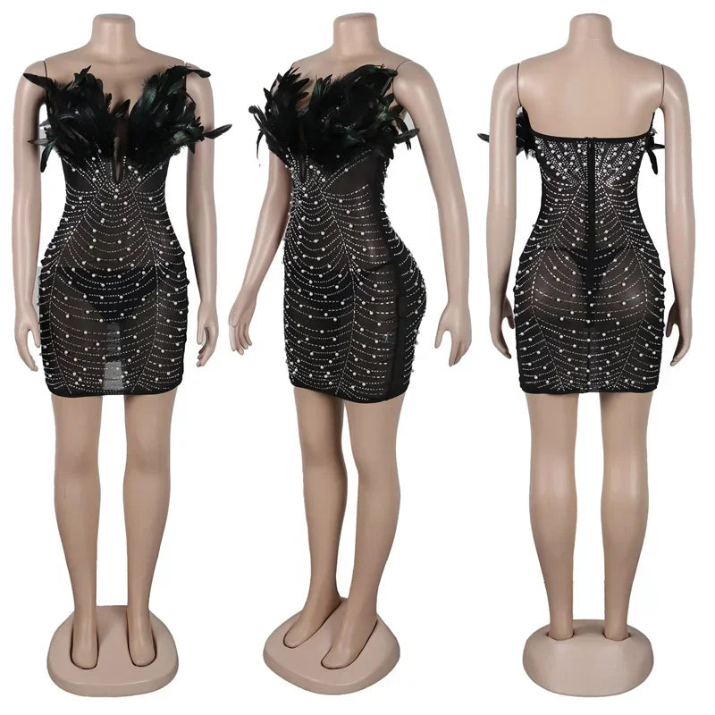 Sexy Club Party Night Feathers Rhinestones