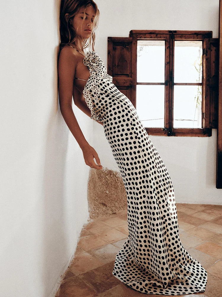 Backless Print Dots Flower Women Maxi Dress