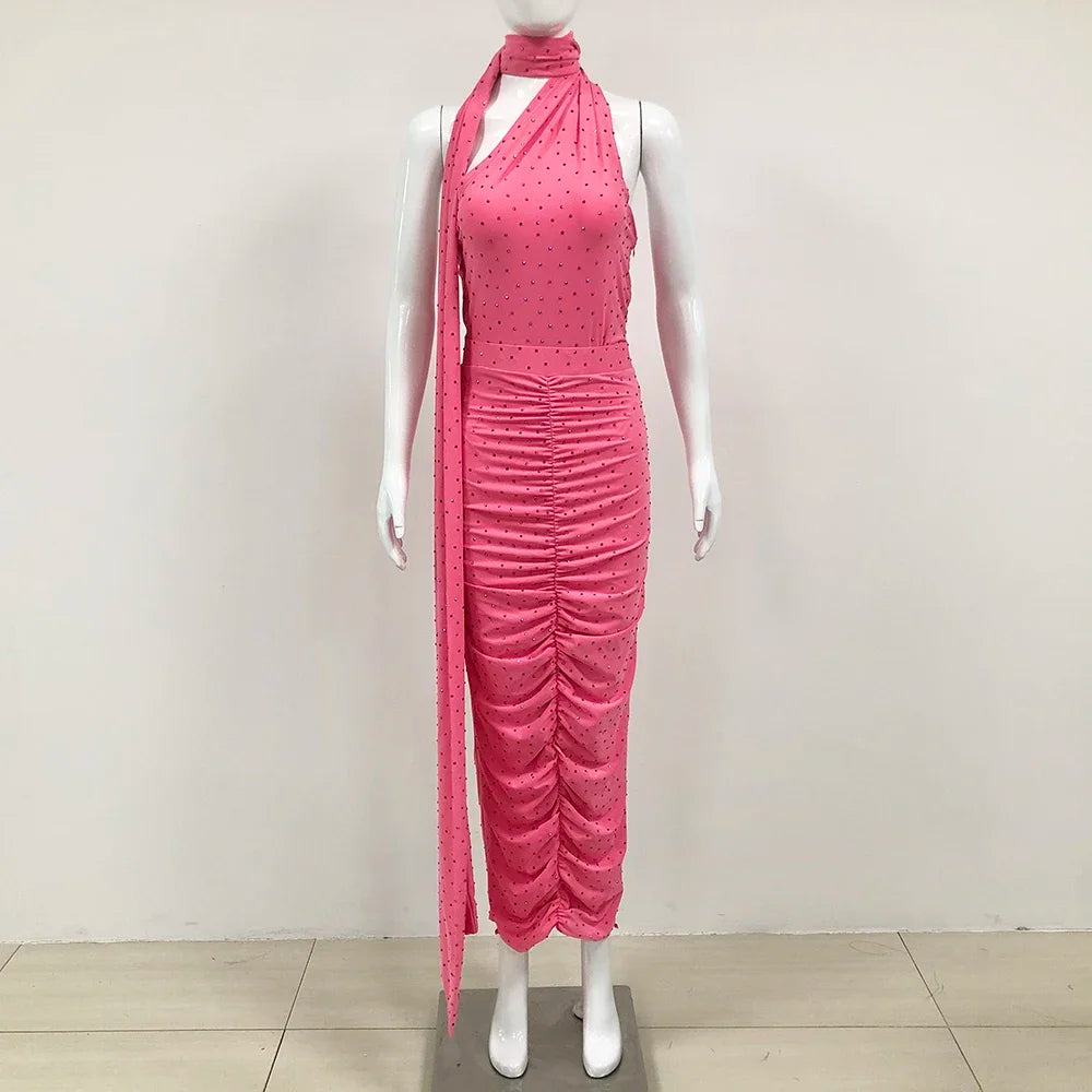 One Shoulder Diamond Pleated Skirt 2-Piece