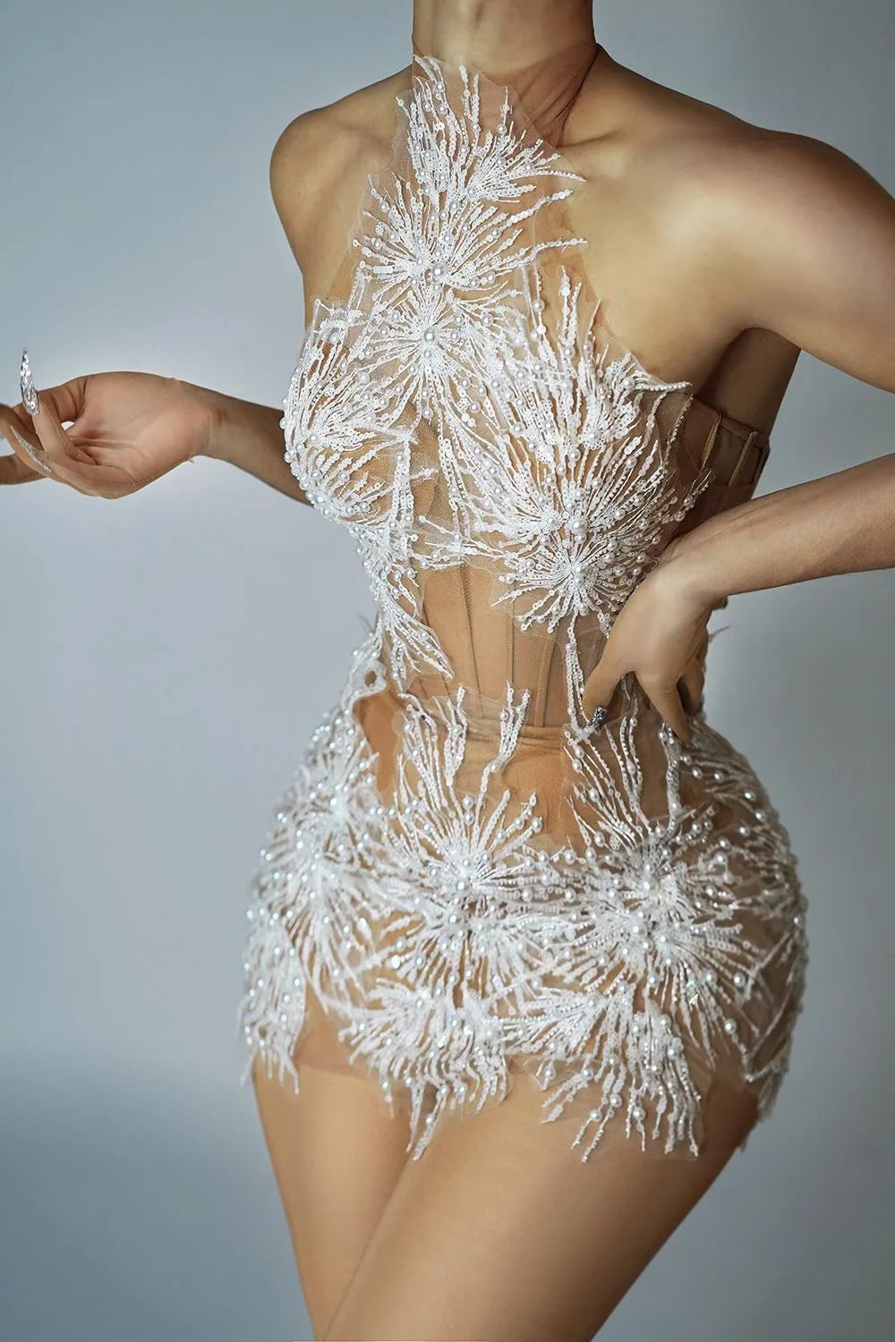 Sheer Transparent Pearl Sequin Dress