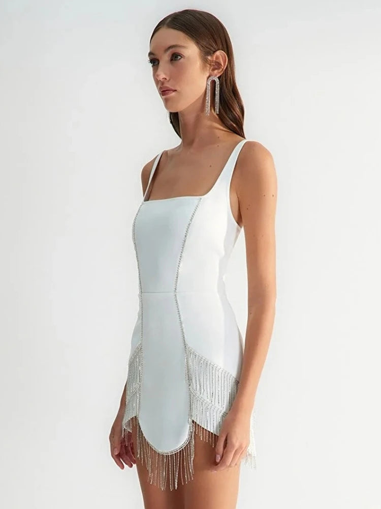 Diamonds Tassel White Bandage Dress