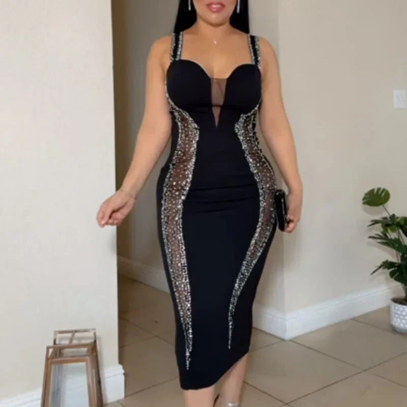 Bodycon Elegant Mesh Patchwork Diamonds Cocktail Dresses