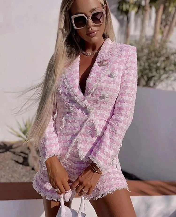 High Quality Women Elegant Pink Houndstooth