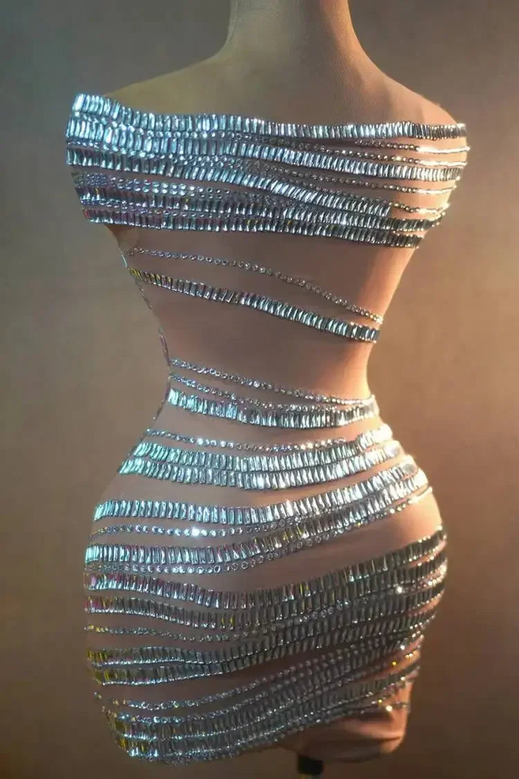 Birthday Celebrate Party Sexy Silver Rhinestones Dress