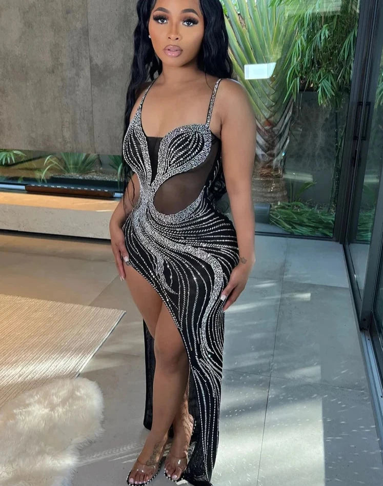 Luxury Black Crystal Long Maxi Dress