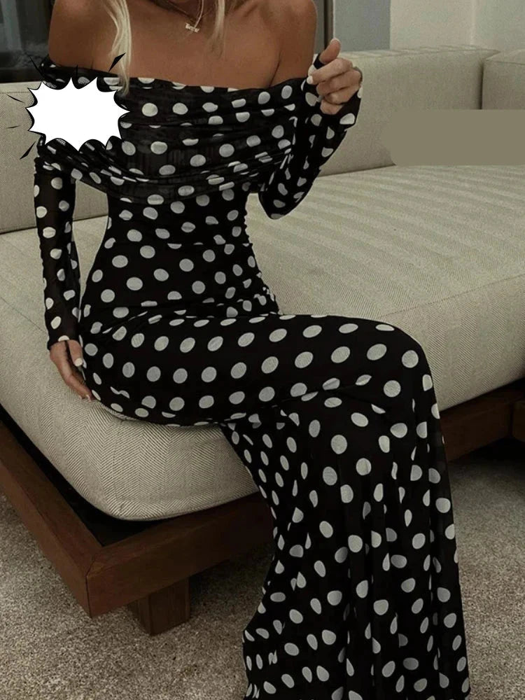 Long Elegant One Shoulder Wave Dot Slim Fit Sexy Long Dress
