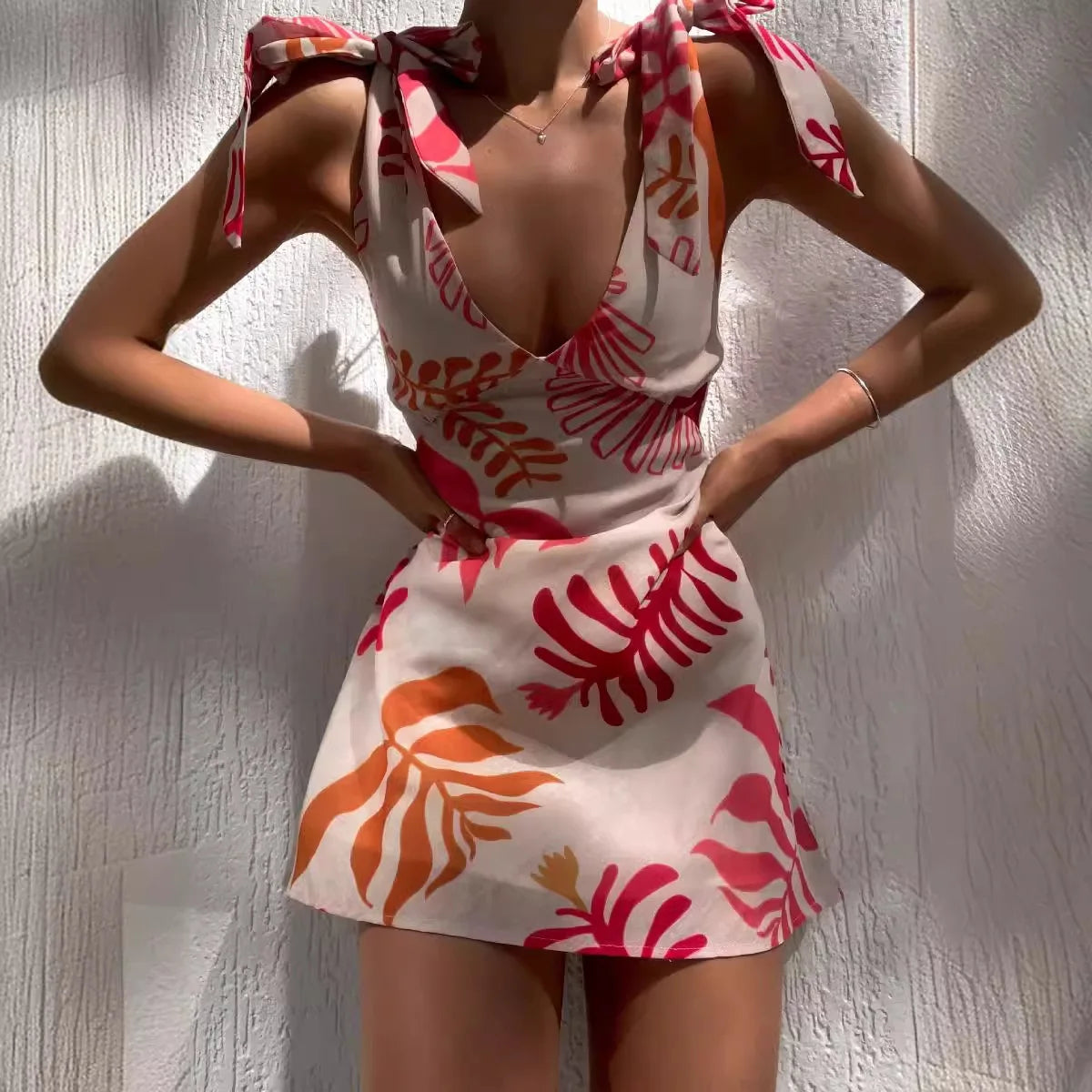 Leaf Printed Strap Short Skirt Dress