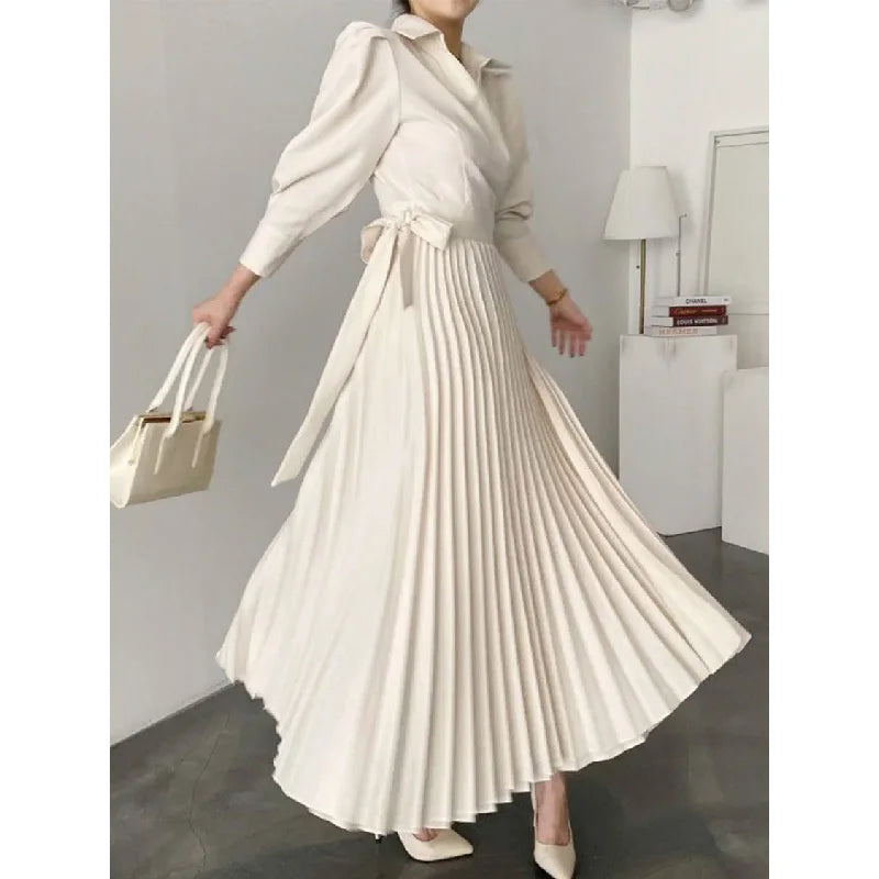 Asymmetric Pleated Solid Color Lapel Shirt Dress