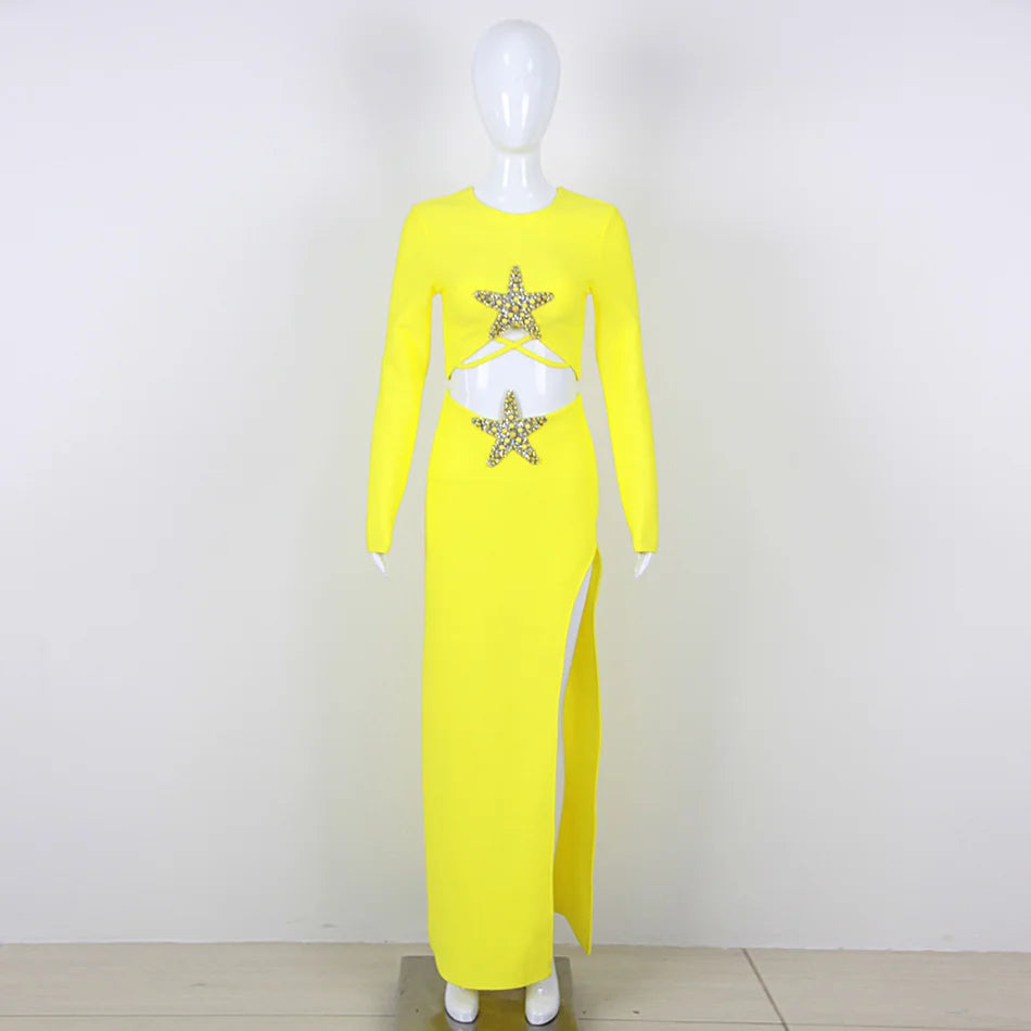 Sexy Heavy Industry Beaded Long-sleeved Slit Dress Two-piece Suit
