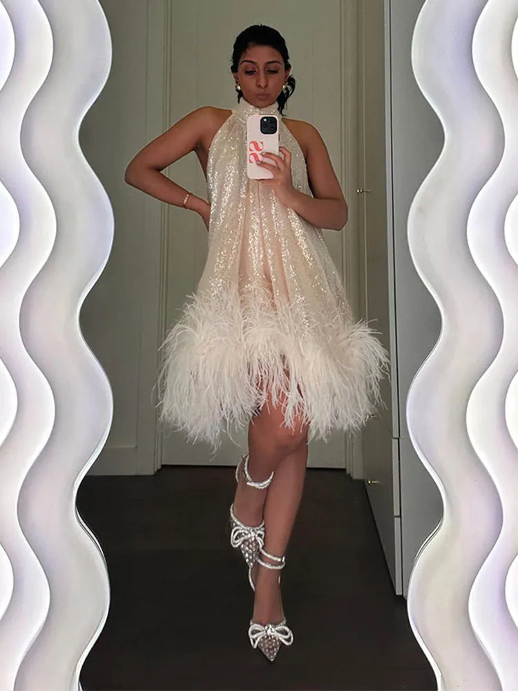 Elegant White Sequins Feather Hem Mini Dress