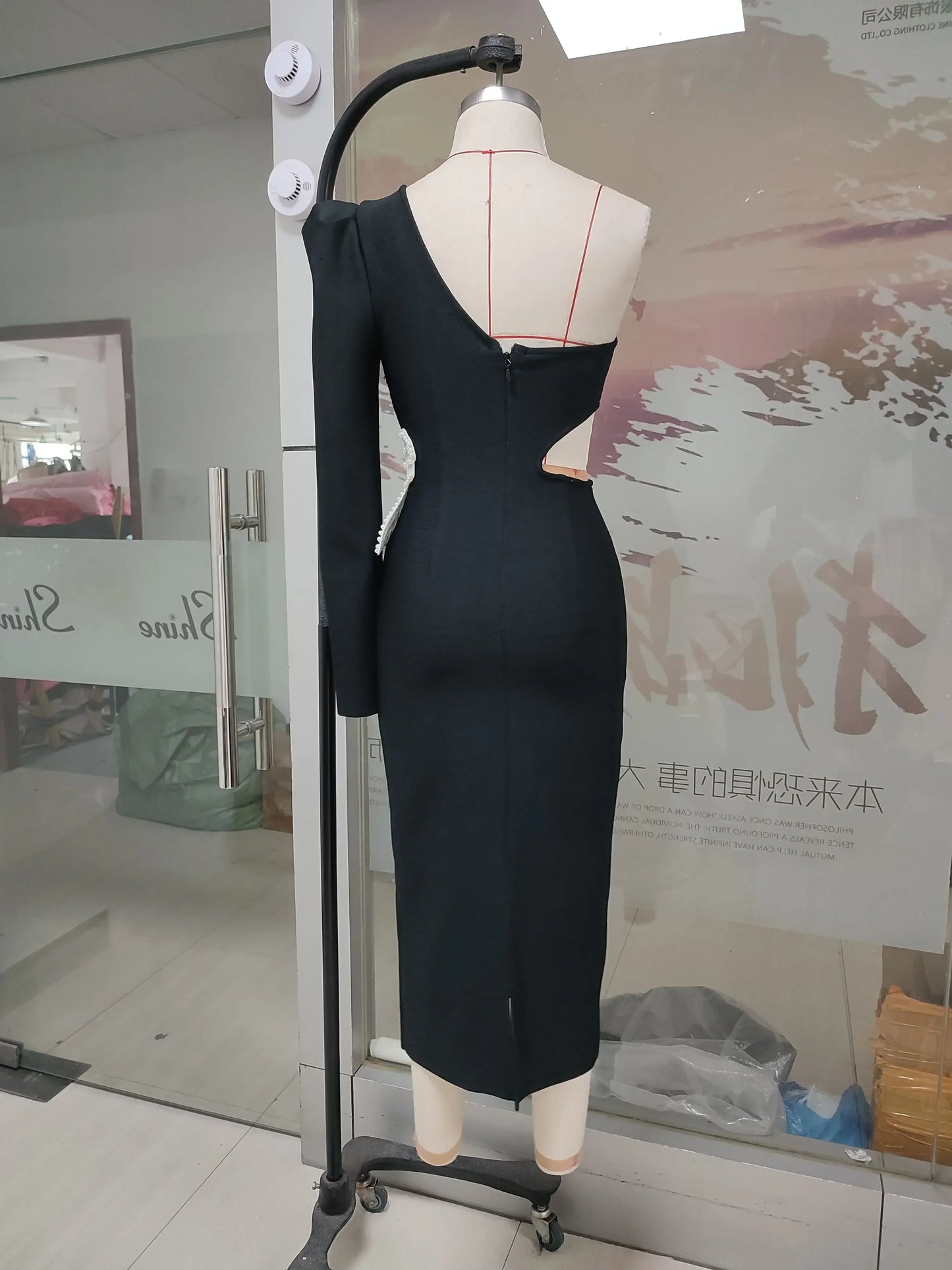 One Shoulder Hollow Out Flower Bandage Midi Dress