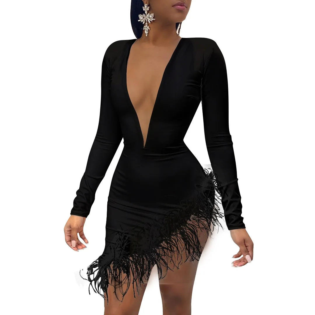 Short Dress V-neck Feather