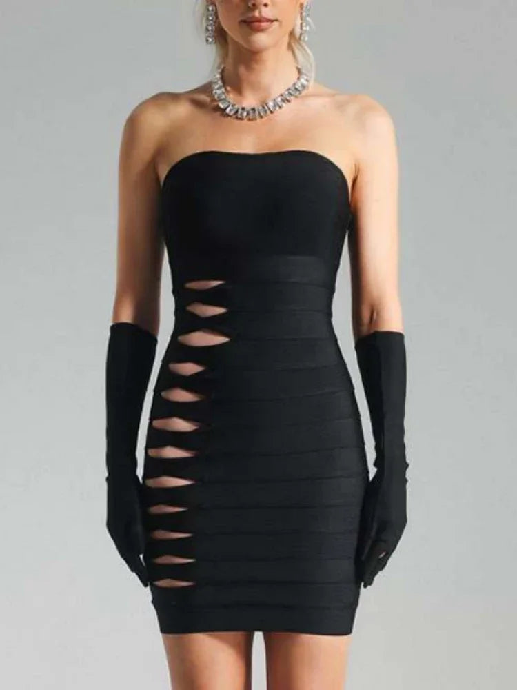Strapless Mesh Patchwork Hollow Out Mini Bandage Dresses