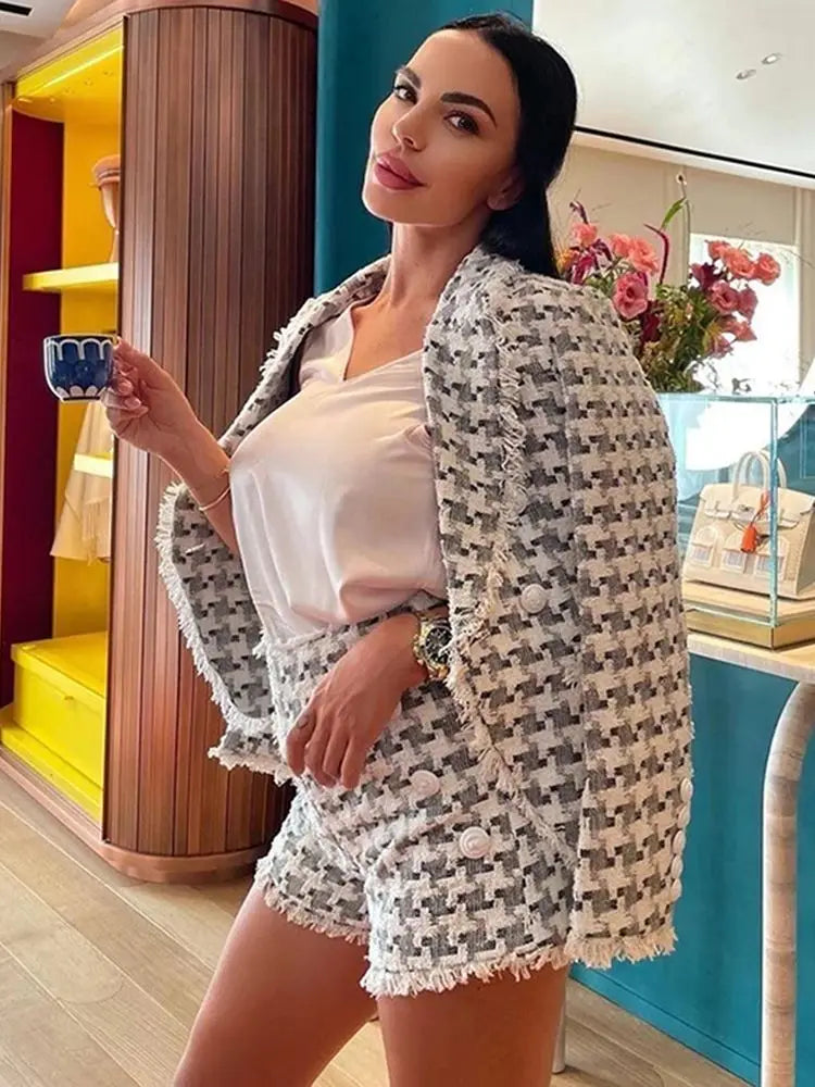 High Quality Women Elegant Pink Houndstooth