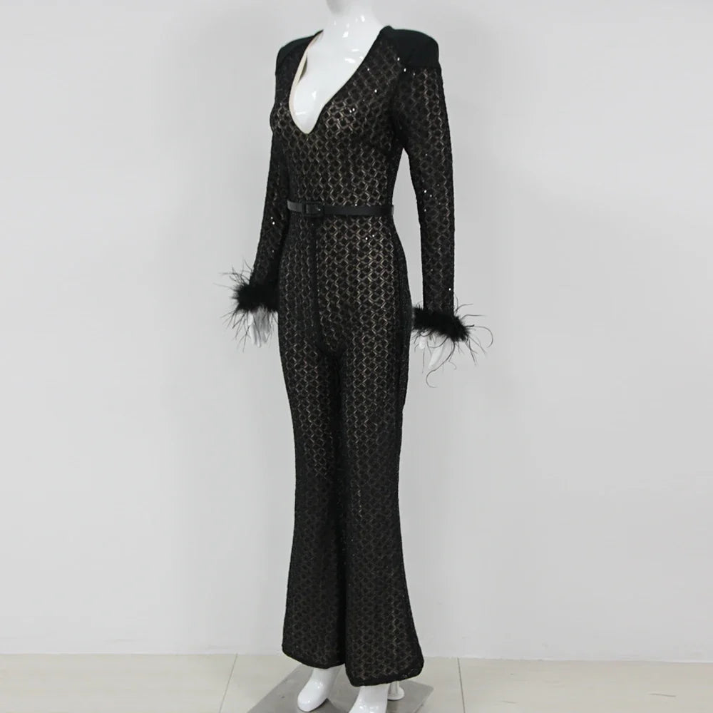 High Quality Black Sequin Sexy V-neck Feather Tight jumpsuit