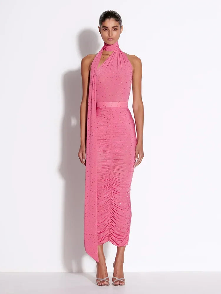 One Shoulder Diamond Pleated Skirt 2-Piece
