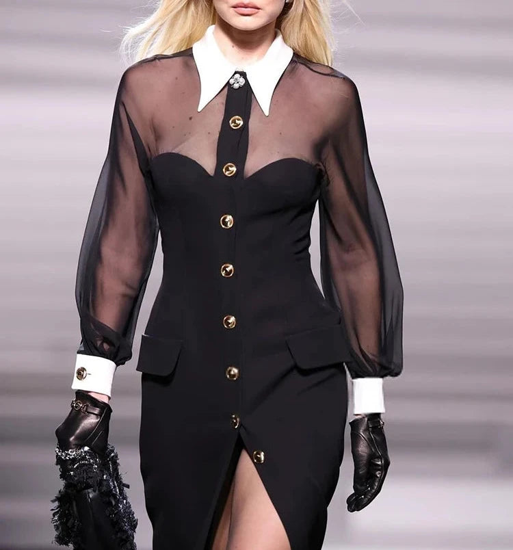 Sexy Lapel Mesh Patchwork Long Sleeve High Slit Slim