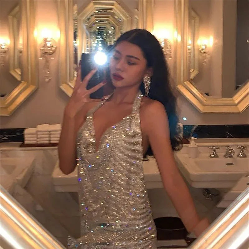 Bling Rhinestone Backless Dress