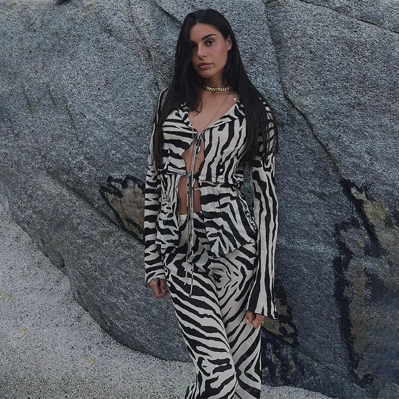 Animal Print Mesh Sheer Stripe Tie Front Detail Top Matching Sets