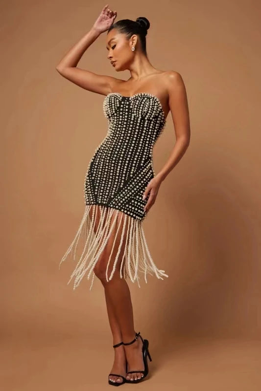 2024 Sexy Strapless Pearl Tassel