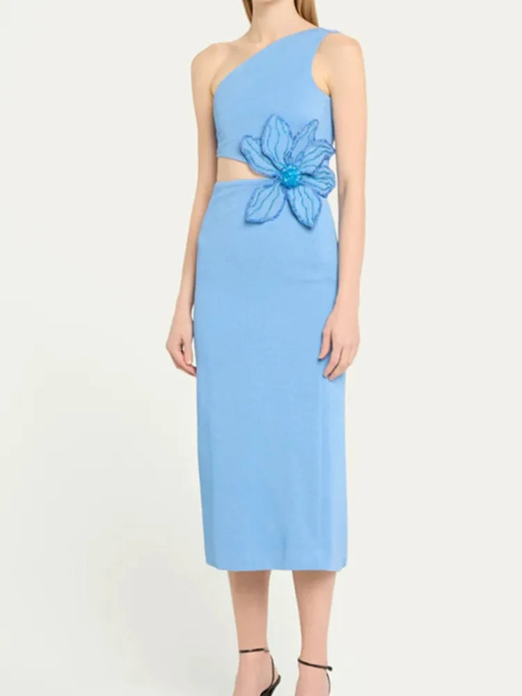 One Shoulder Cut Out Sky Blue Flower Midi Dress