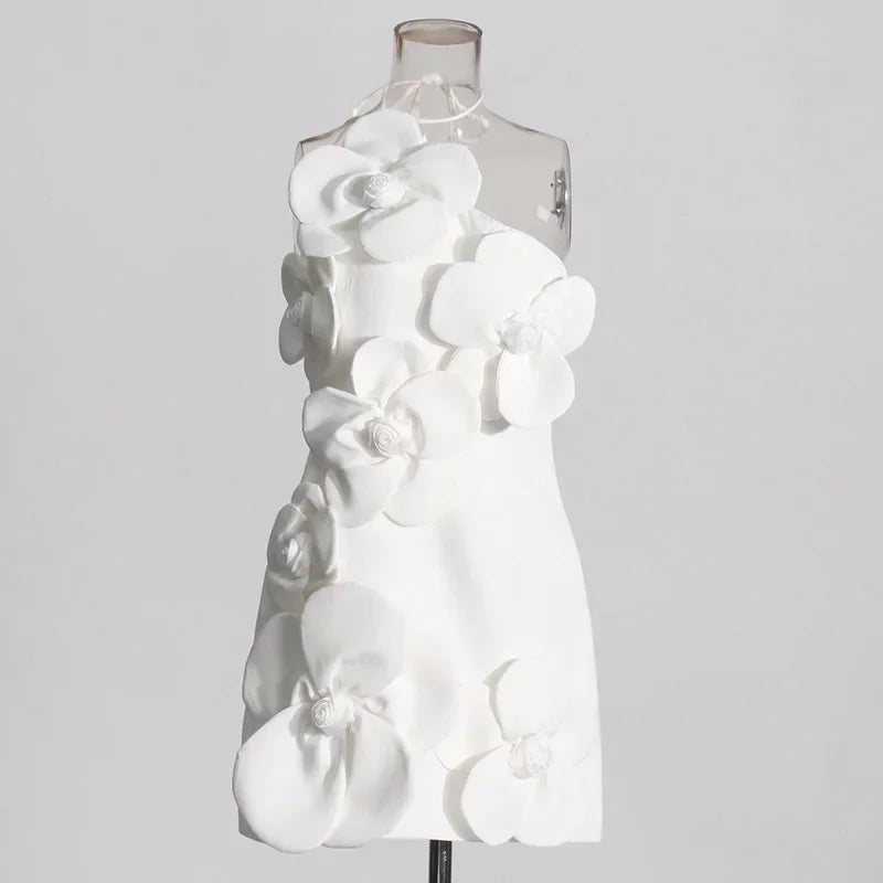 White Color Halter Off the Shoulder Florals Bodycon Mini Dress