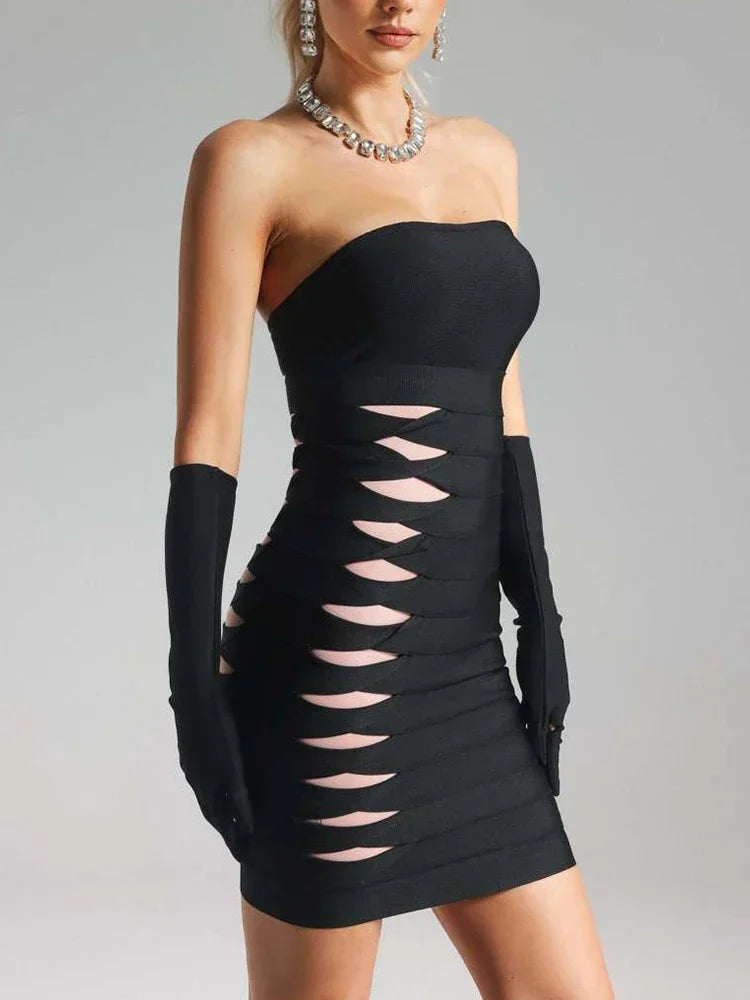 Strapless Mesh Patchwork Hollow Out Mini Bandage Dresses