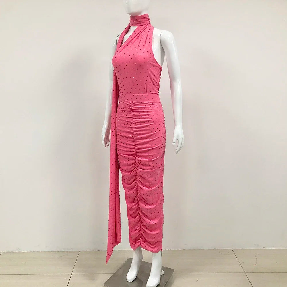 One Shoulder Diamond Pleated Skirt 2-Piece