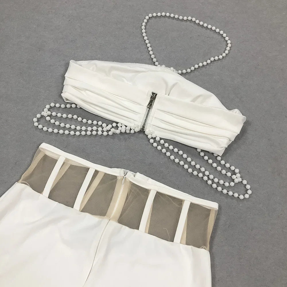 White Flower Sleeveless Off Shoulder Top And Skirt Sexy Two-piece