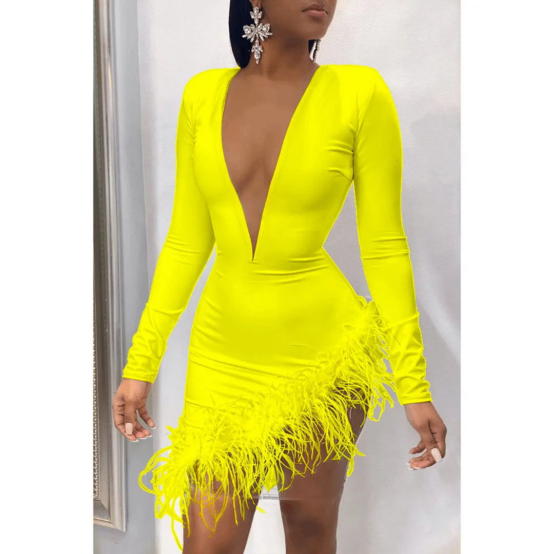 Short Dress V-neck Feather