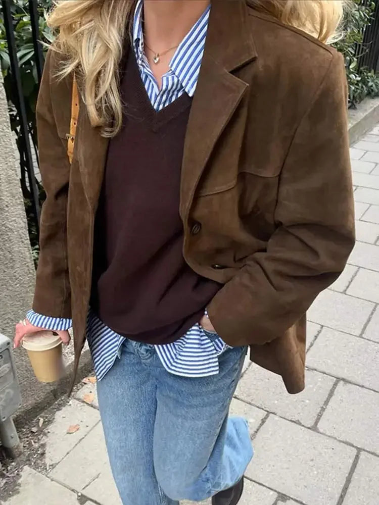 Brown Lapel Pocket Suede Leather