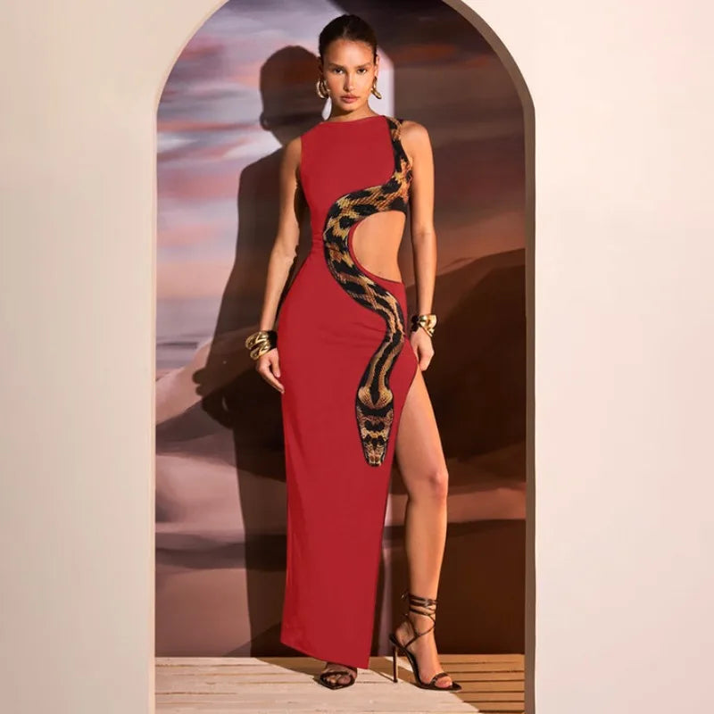 Snake Printed Hollow Out Dress