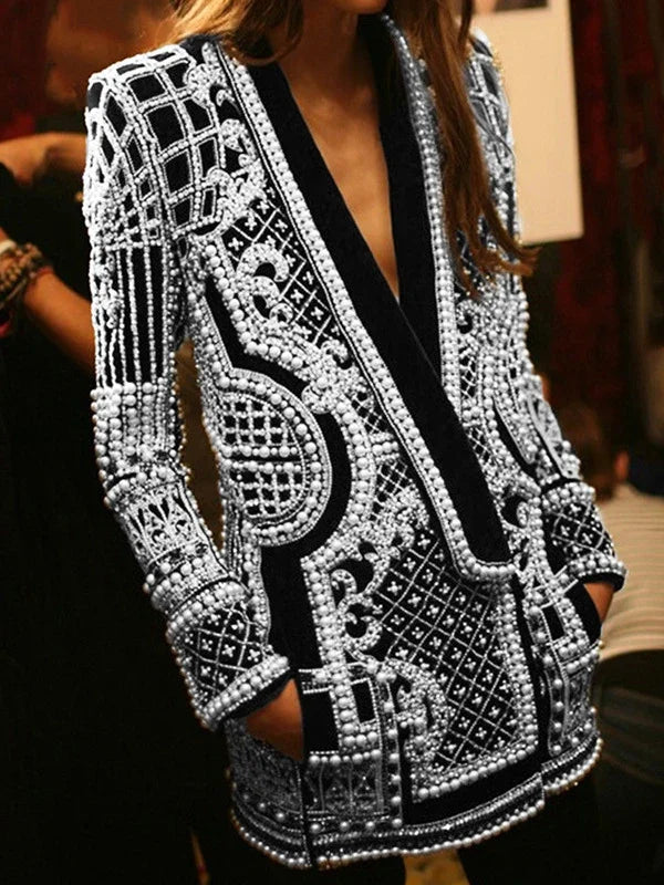 Pearl Suit Printed Long-Sleeved V-Neck