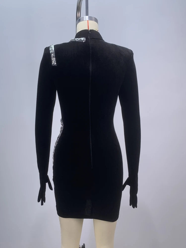 Long Sleeve Gloves Gloves Diamonds Mini Dress