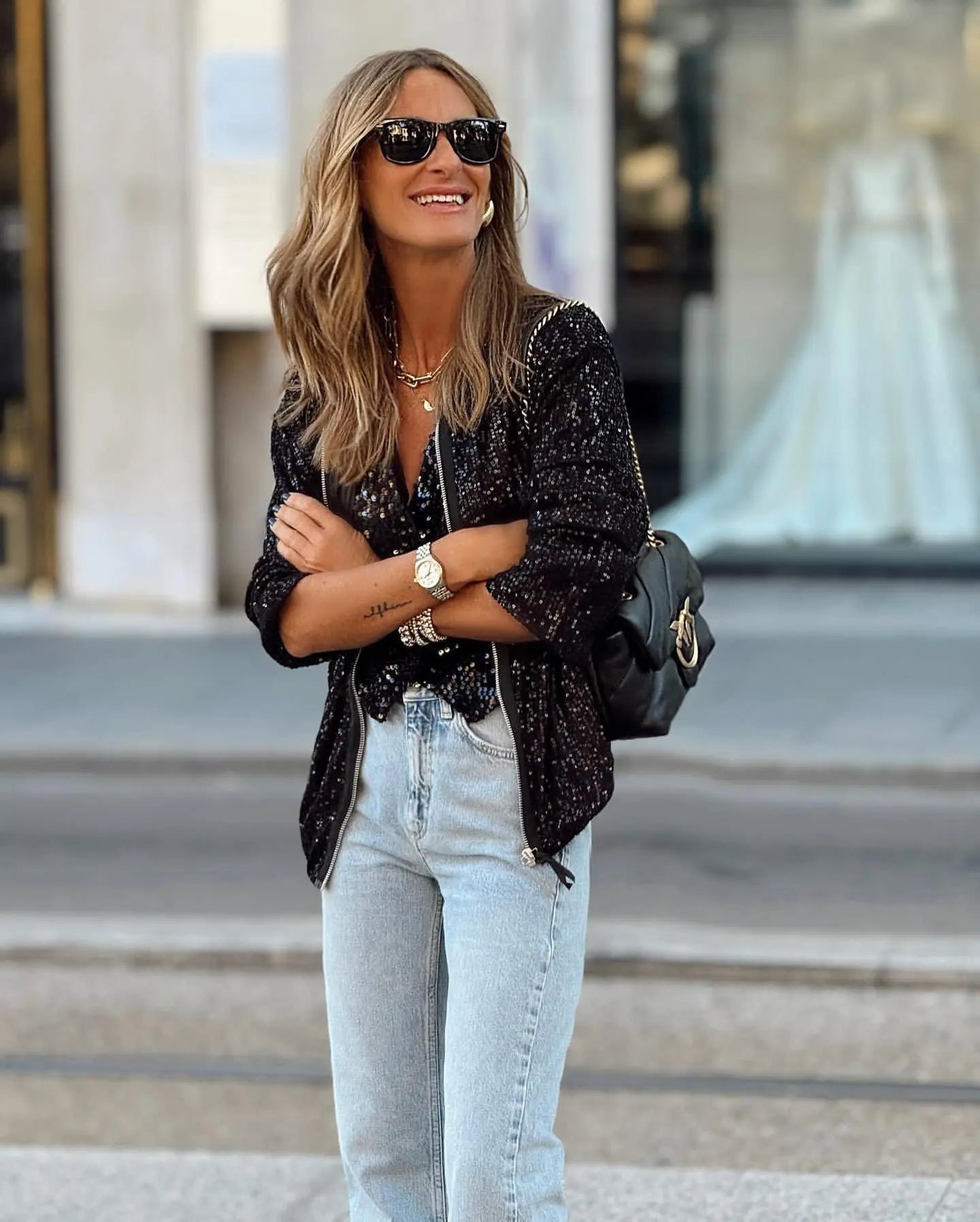 Elegant Sequin O Neck Jacket