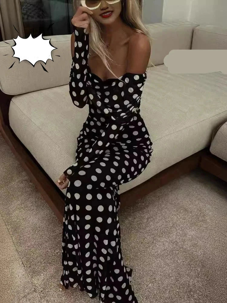 Long Elegant One Shoulder Wave Dot Slim Fit Sexy Long Dress