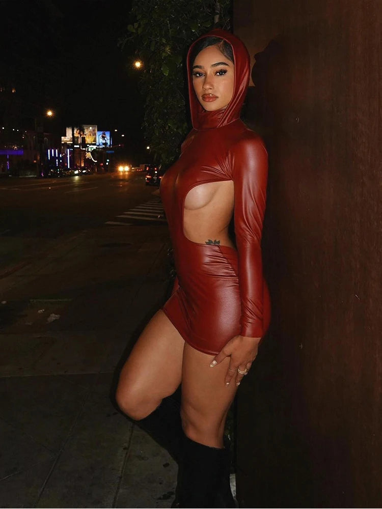 Sexy Open Back Leather Hooded