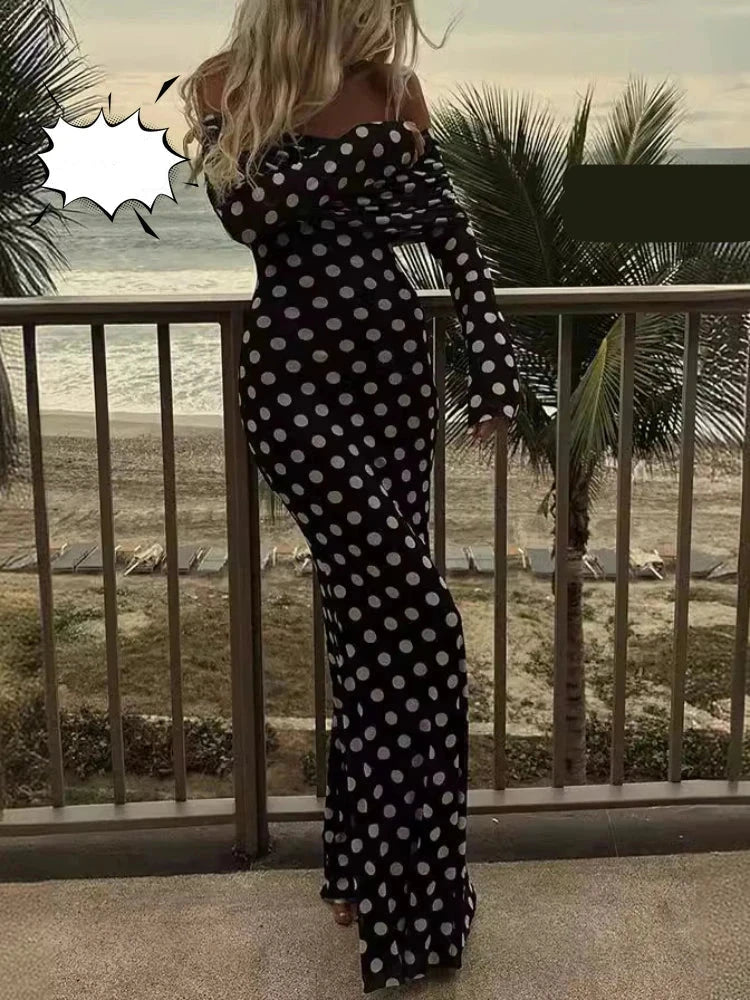 Long Elegant One Shoulder Wave Dot Slim Fit Sexy Long Dress