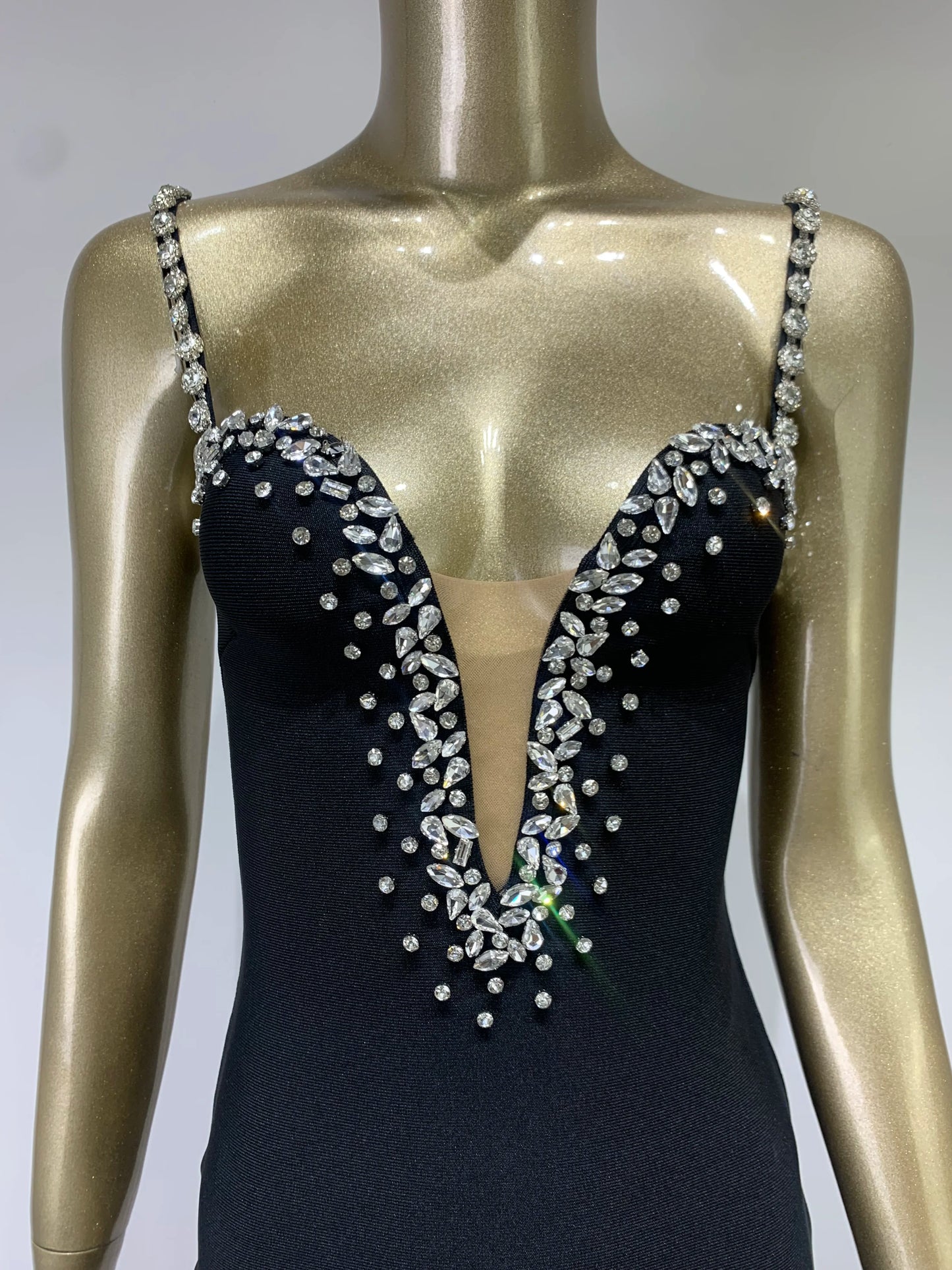 V Neck Beading Diamonds Black Mini Bodycon Dress