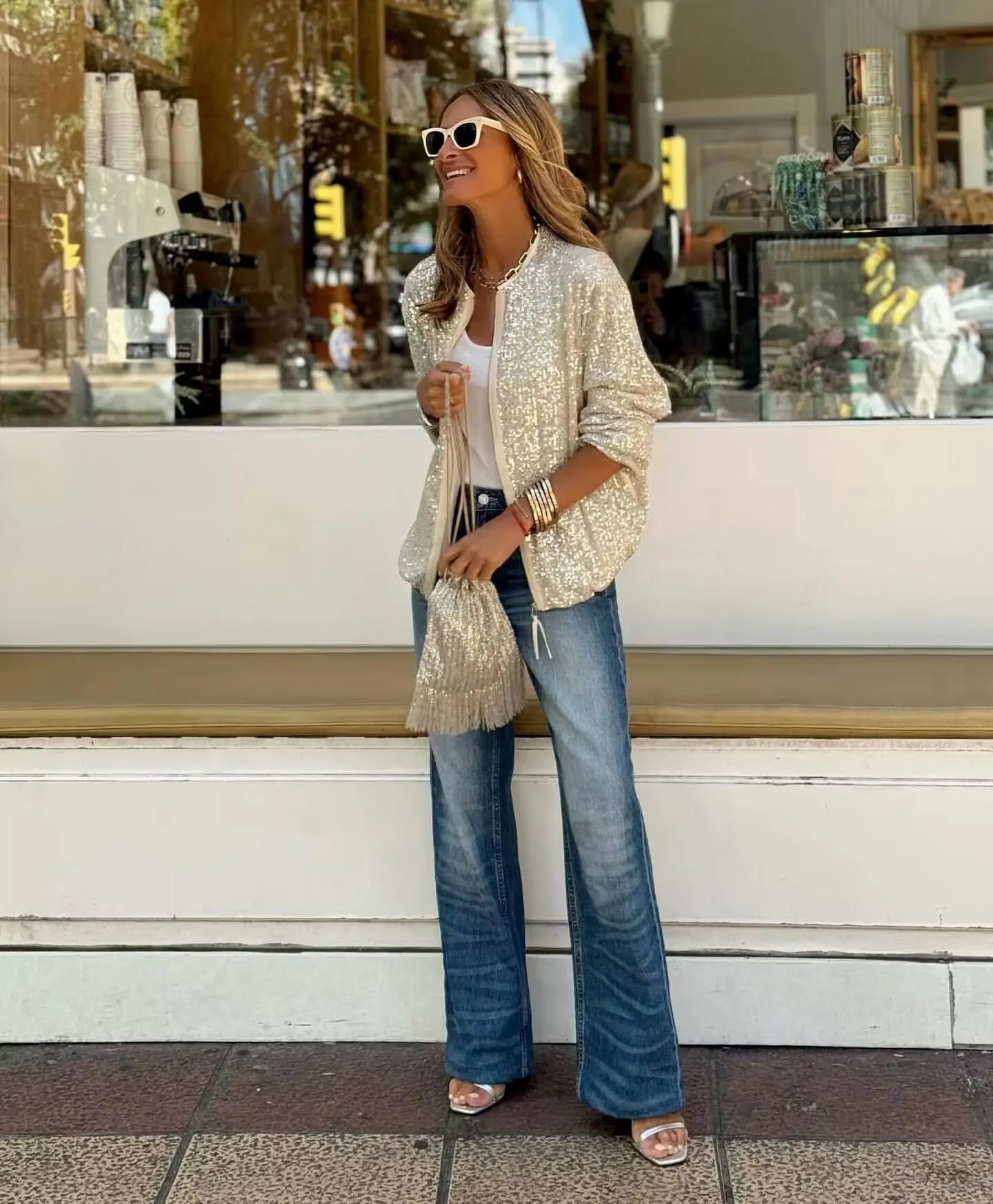 Elegant Sequin O Neck Jacket