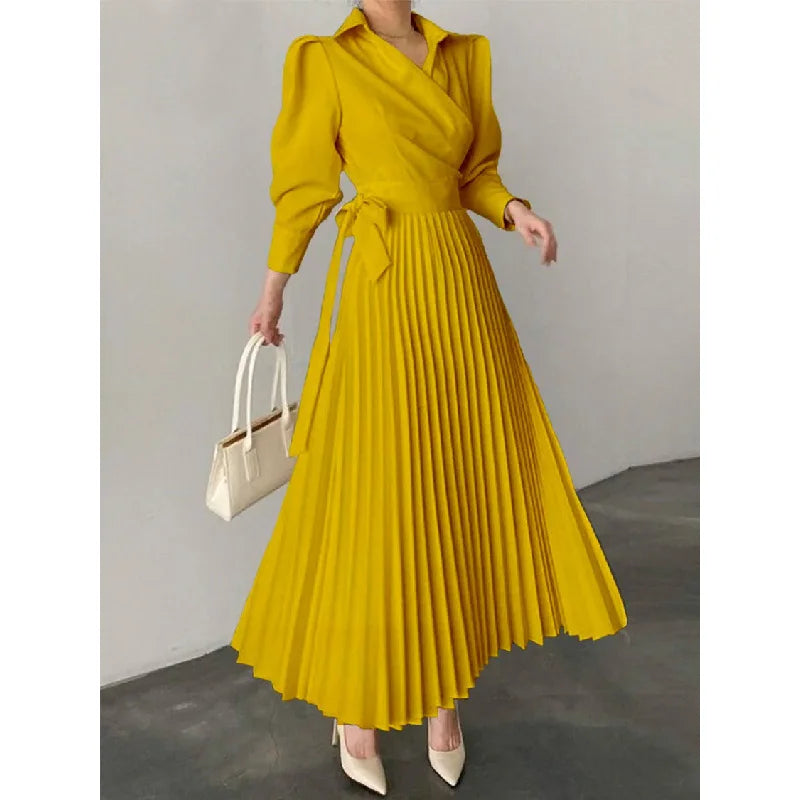 Asymmetric Pleated Solid Color Lapel Shirt Dress